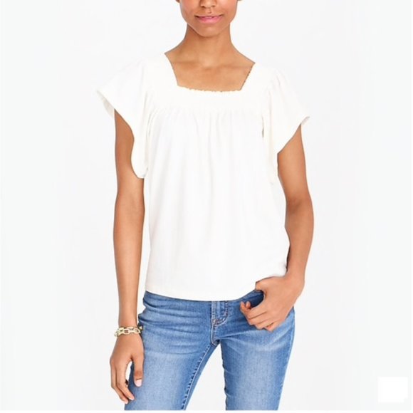 J. Crew White Smocked Square Neck Cotton Top (xxs) - Picture 2 of 6